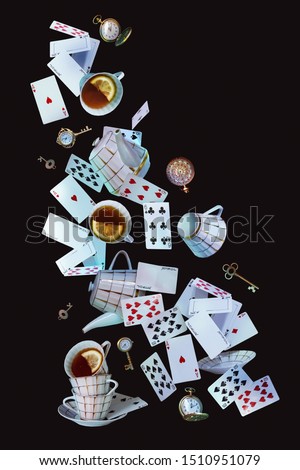 Wonderland background. Mad tea party.Playing cards, pocket watch, key, cup and teapot falling down the rabbit hole. vertical banner.