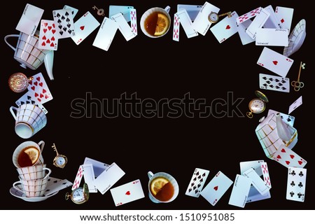 Wonderland background. Mad tea party.Playing cards, pocket watch, key, cup and teapot falling down the rabbit hole. Horizontal banner.