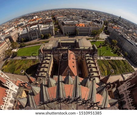 Budapest Cityscape from unusual viewpoint. Fiheye lens, Hungarian Parliament. Europe