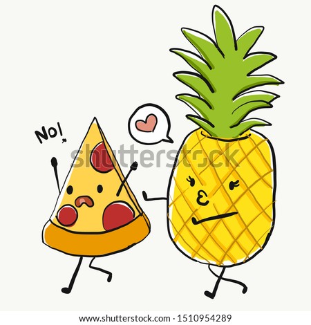 Funny cartoon character, Pizza and pineapple, for T-shirt graphic/sticker. Food joke. pizza run away from pineapple, said No to pineapple on pizza.