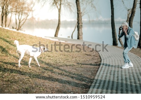 Snapping a photo outdoor. Old lady in a good shape wearing casual denim clothing with a fancy backpack and sneakers shooting a photo of the white cute doggy outdoor
