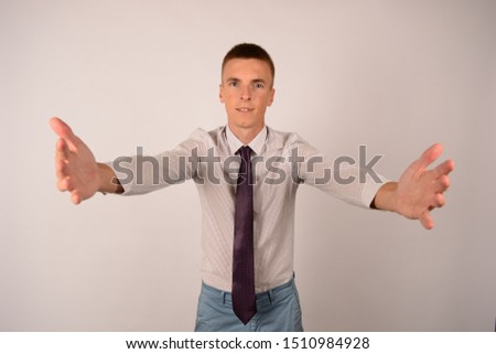 business man in shirt shows hands isolated background place free