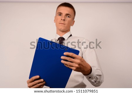 male manager in shirt with folder tablet business office isolated background
