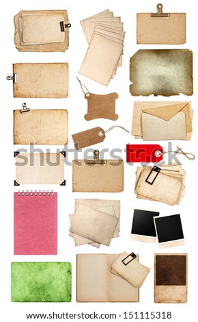 set of various old paper sheets and tags. vintage photo album and book pages, cards, pieces isolated on white background. big collection