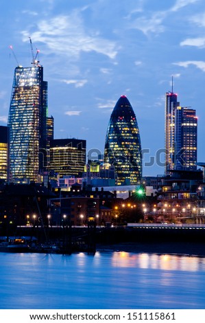 New London Skyline 2013 with skyscrapers of The City including 122 Leadenhall Street "The Cheesegrater" (L) and 30 St Mary Axe "The Gherkin" (R)