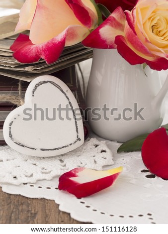 blank wooden heart with roses