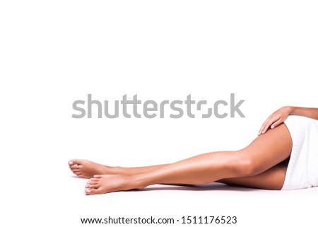 perfect woman legs on white background copy space
