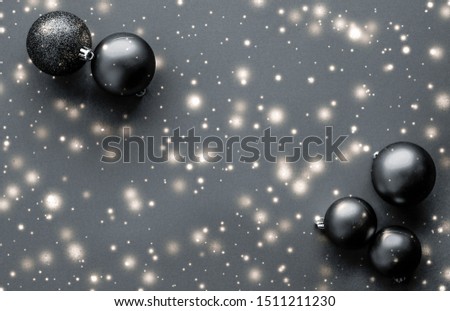 Gift decor, New Years Eve and happy celebration concept - Black Christmas baubles with snow glitter shine, luxury brand winter holiday card