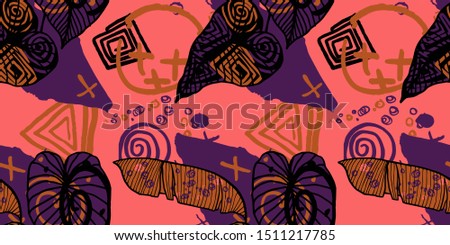 Hand drawn seamless pattern with tropical leaves: palms, monstera, passion fruit. Beautiful print with hand drawn exotic plants and abstract elements. Swimwear  design. Vector for any purposes