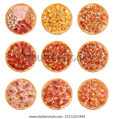 Set of 9 pizza isolated on white background. Image of fast food for menu card, web design, site, shop, advertising or delivery. High quality retouch and isolation.