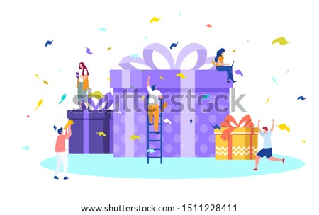online reward , Group of happy people receive a gift box vector illustration concept,  digital referral program, can use for, landing page, template, ui, web, homepage, poster, banner, flyer, coupon Royalty-Free Stock Photo #1511228411