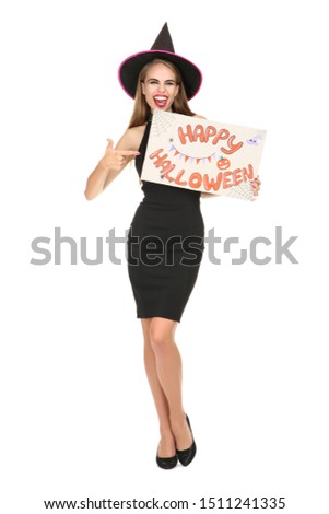 Beautiful woman in black costume with text Happy Halloween on white background