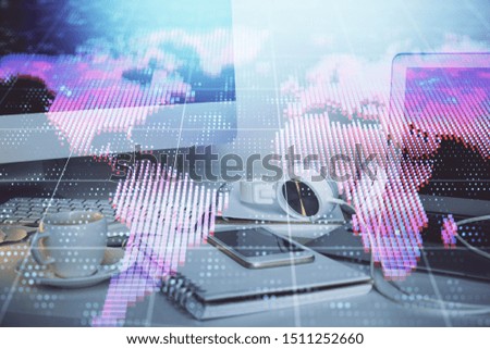 Multi exposure of business theme icons and table with computer background. Concept of success.