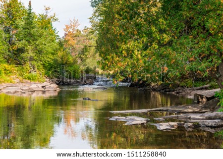 Scenic early fall picture of waterfalls rapids featuring clear river water, brown rocks, river stream and habitat