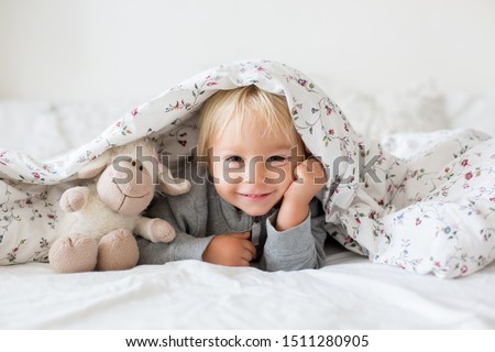 Little toddle boy, playing with teddy toy, hiding under the cover in bed, sunny bedroom Royalty-Free Stock Photo #1511280905