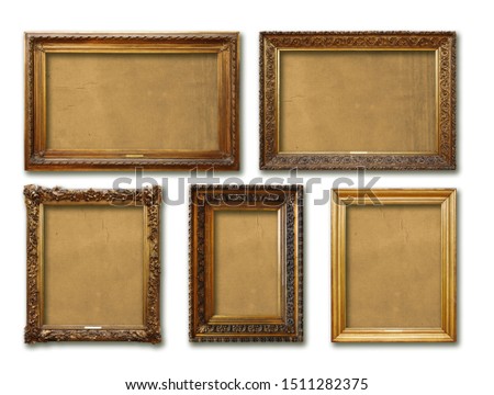 Set of vintage golden baroque wooden frames on white isolated background