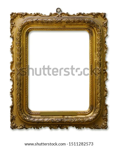Picture gold wooden frame for design on white isolated background with nail and shadow