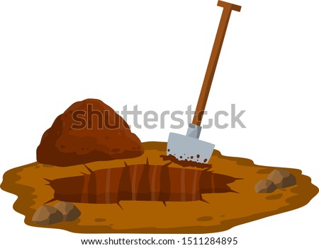 Digging a hole. Shovel and dry brown earth. Grave and excavation. Funeral in desert. Pile dirt and stones. Cartoon flat illustration in white background