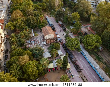 Aerial panoramic view over the Kalamata Municipal Railway Park. The only open air museum of its kind in Greece and popular among all railway friends worldwide. Kalamata Messenia Peloponnese Greece