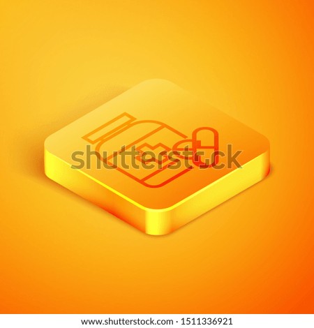 Isometric line Medicine bottle and pills icon isolated on orange background. Bottle pill sign. Pharmacy design. Orange square button. Vector Illustration