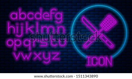 Glowing neon Crossed knife and spatula icon isolated on brick wall background. BBQ knife and spatula sign. Barbecue and grill tools. Neon light alphabet. Vector Illustration