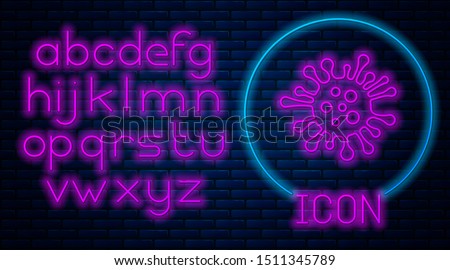 Glowing neon Bacteria icon isolated on brick wall background. Bacteria and germs, microorganism disease causing, cell cancer, microbe, virus, fungi. Neon light alphabet. Vector Illustration
