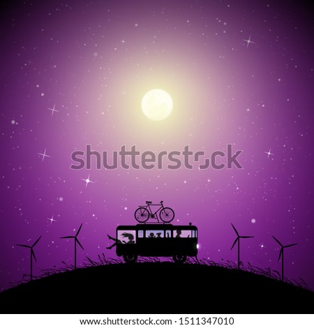 Cartoon retro car between windmills on moonlit night. Vector illustration with silhouettes of parents with children traveling in camper. Family road trip. Full moon in starry sky