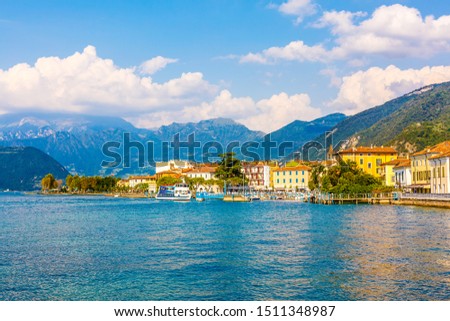 View on Lago Iseo and mountains. Lombardy, Italy Royalty-Free Stock Photo #1511348987