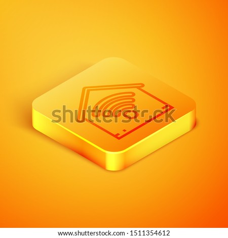 Isometric line Smart home with wi-fi icon isolated on orange background. Remote control. Orange square button. Vector Illustration