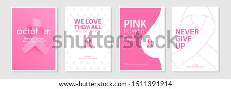 Large set of posters for October Breast Cancer awareness month. Creative designs with pink ribbon and motivational text. Eps10 Vector illustrations.