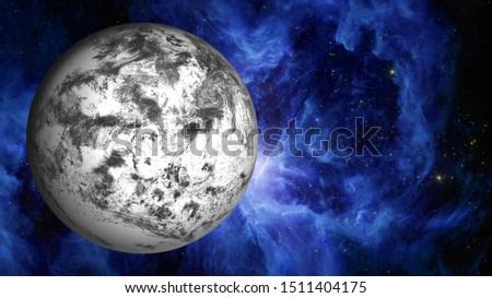 Frozen ice white Earth planet of solar planet on The Sword of Orion nebula at blue light on the background. Science astronomy concept wallpaper. Elements of this image were furnished by NASA