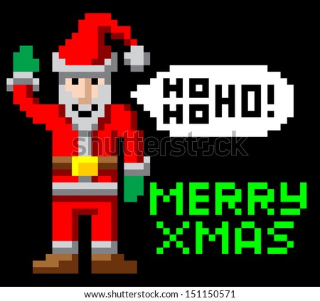 Retro arcade 8-bit video game style pixel art Christmas Santa waving with Merry Xmas message