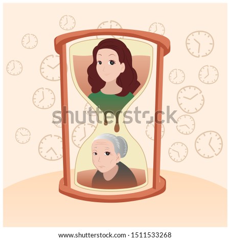 illustration of time running using sand watch visuals. a figure of youth that turns old as time passes