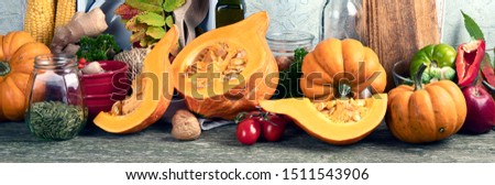 Healthy vegetarian fall food cooking background. Autumn seasonal cooking concept.  Panorama, banner