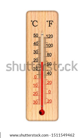 Wooden celsius and fahrenheit scale thermometer for measuring air temperature. Thermometer isolated on white background. Air temperature plus 20 degrees celsius Royalty-Free Stock Photo #1511549462