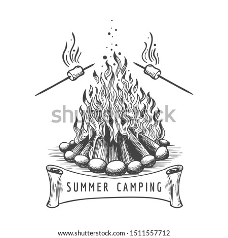 Marshmallow roasting. Marshmallows roast on campfire vector sketch, bonfire camping with frying sweet food hand drawn image