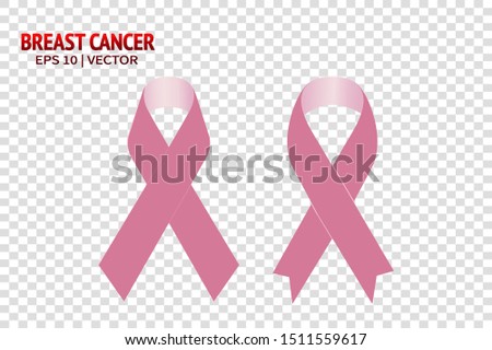 Breast cancer pink ribbon set. Woman care supporting realistic vector illustration isolated collection on transparent background. Female care health survivor emblem flat design	