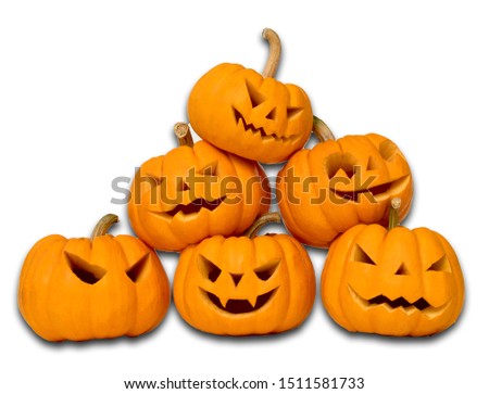 pumpkin background Halloween. spooky scary pumpkin head or jack lantern smiley horror cartoon background, pumpkin halloween isolated on white background with clipping path. October Halloween design