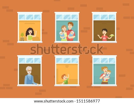 People Looking Out of Windows Set, Neighbors in Their Apartments Greeting Through the Windows Vector Illustration Royalty-Free Stock Photo #1511586977