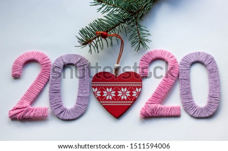 2020 New Year Christmas decorations on white background red heart
