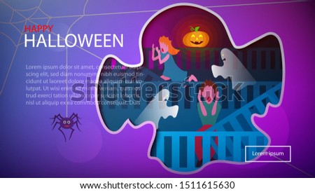 The poster/page cover design in modern minimal geometric pattern Halloween background picture of the couple running with the scary ghosts around the haunted house at night. ( vector )