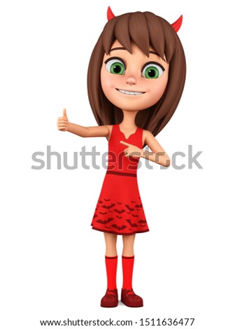 Girl in a devil costume indicates a thumbs up on a white background. 3d render illustration. Halloween holiday.
