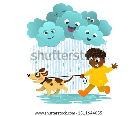 Vector illustration of boy walking the dog in the rain. Happy child have fun on rainy day, play together with dog. Friendship, childhood in rainy weather. Funny clouds with happy emotions. 