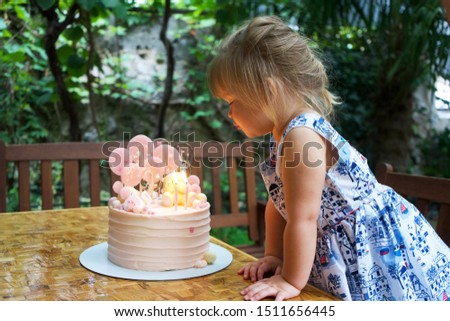 A cute little girl with her birthday cake in the backyard Royalty-Free Stock Photo #1511656445