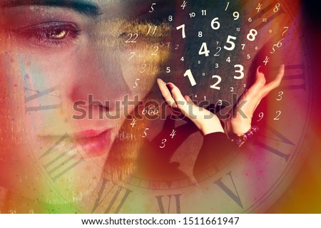 A woman looks at the hands from which numbers fly out, numerology
