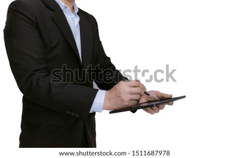 Businessman holding a tablet on white background