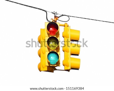 American US yellow street traffic lights isolated on white background