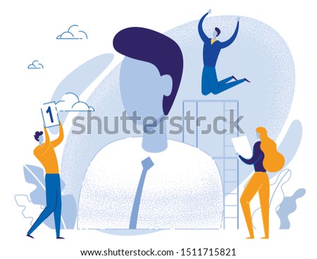 Tiny Team People and Huge Male Portrait. Team Working on Creation Potential Winner, Leader Taking First Place in Business Competition. Leadership. Career Growth. Cartoon Vector Flat Illustration Royalty-Free Stock Photo #1511715821