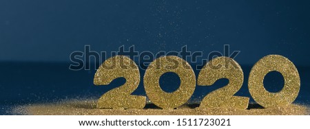2020 New Year luxury design concept. Golden 2020 New Year horizontal template with golden glitter on blue backgound