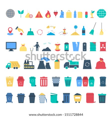 Garbage icon set. Collection of plastic, paper and glass waste. Idea of ecology and recycling. Isolated vector illustration in flat style